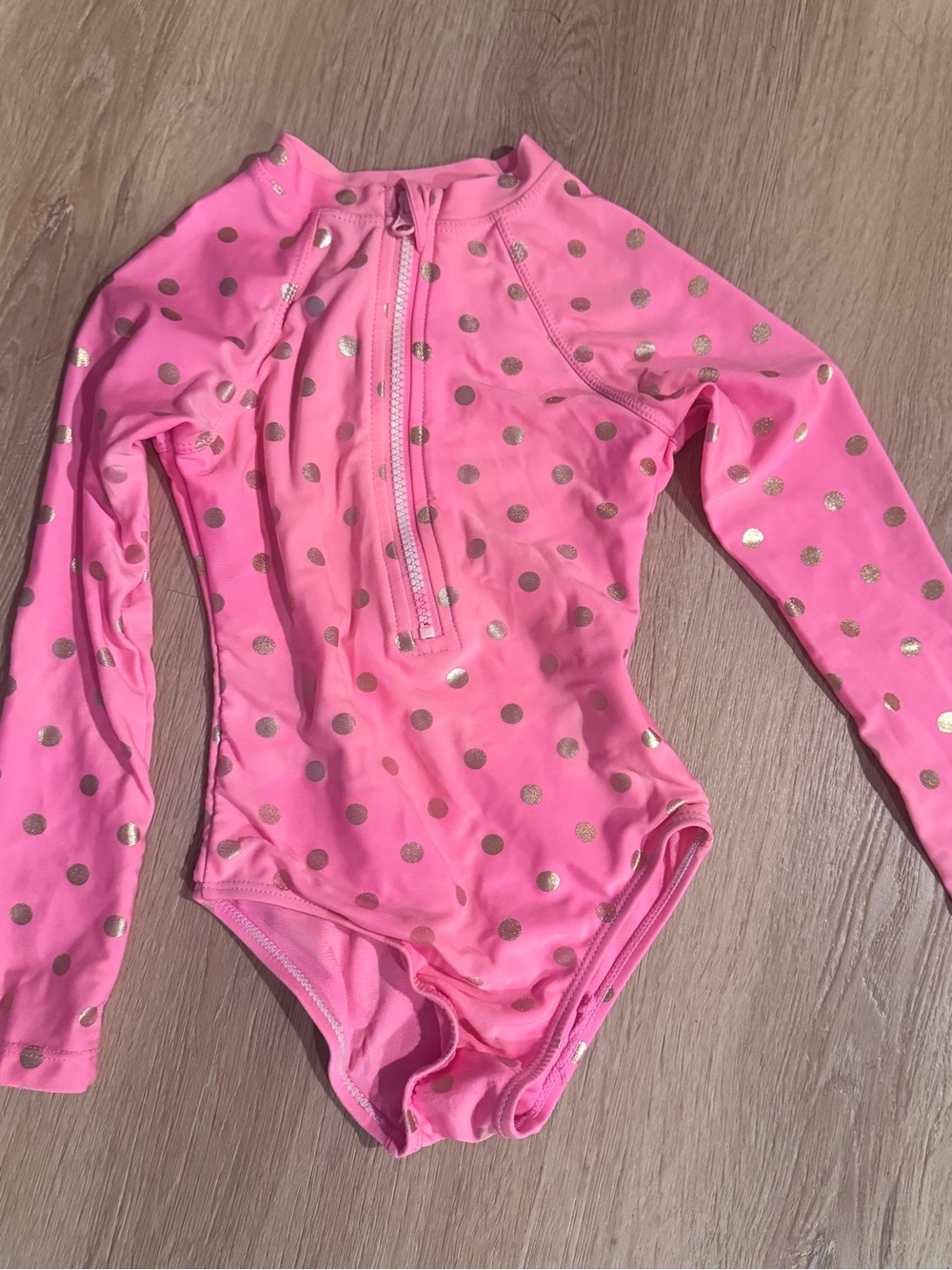 wonder nation Pink Girls' Long Sleeve Swimsuit with Gold Polka Dots